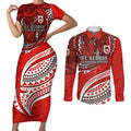 Personalised St George Illawarra Dragons Couples Matching Short Sleeve Bodycon Dress and Long Sleeve Button Shirt Polynesian Tribal Art Style With Fierce Red Dragon Mascot