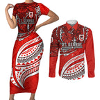 Personalised St George Illawarra Dragons Couples Matching Short Sleeve Bodycon Dress and Long Sleeve Button Shirt Polynesian Tribal Art Style With Fierce Red Dragon Mascot