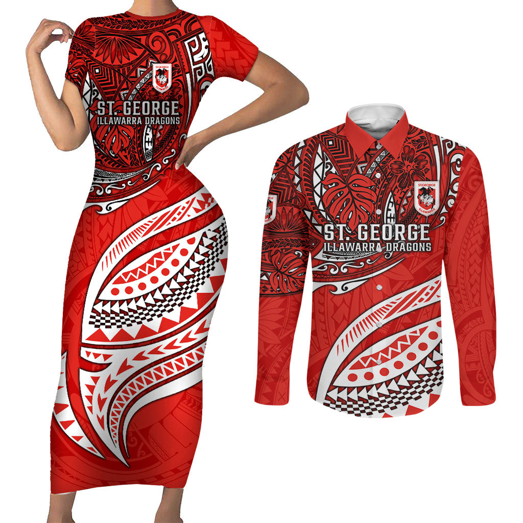 Personalised St George Illawarra Dragons Couples Matching Short Sleeve Bodycon Dress and Long Sleeve Button Shirt Polynesian Tribal Art Style With Fierce Red Dragon Mascot