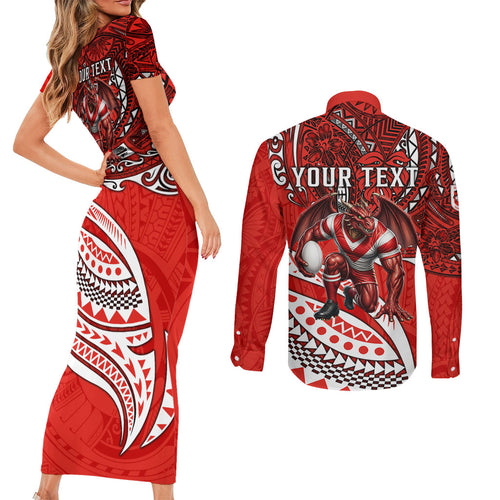 Personalised St George Illawarra Dragons Couples Matching Short Sleeve Bodycon Dress and Long Sleeve Button Shirt Polynesian Tribal Art Style With Fierce Red Dragon Mascot