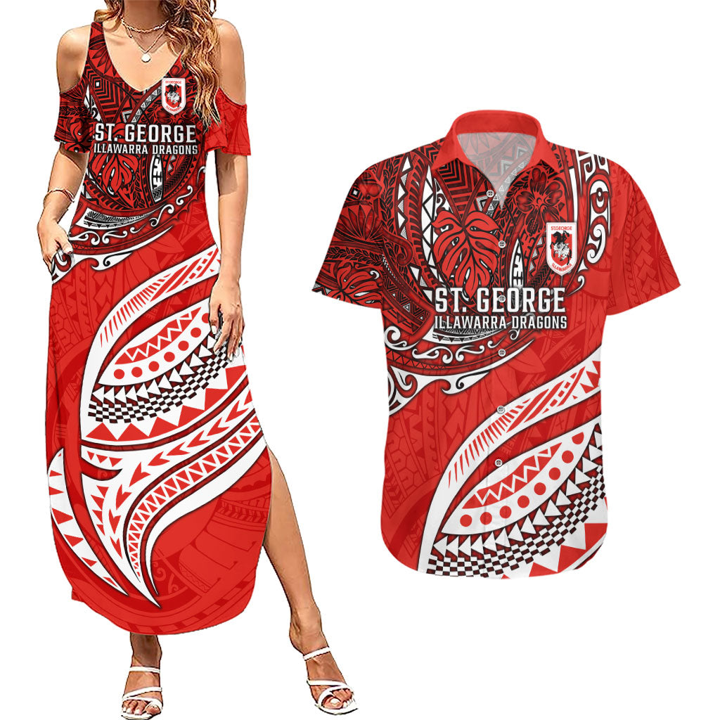 Personalised St George Illawarra Dragons Couples Matching Summer Maxi Dress and Hawaiian Shirt Polynesian Tribal Art Style With Fierce Red Dragon Mascot