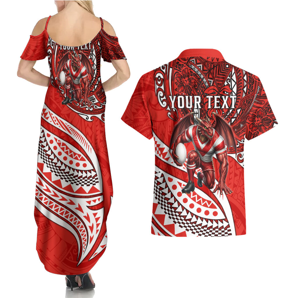 Personalised St George Illawarra Dragons Couples Matching Summer Maxi Dress and Hawaiian Shirt Polynesian Tribal Art Style With Fierce Red Dragon Mascot