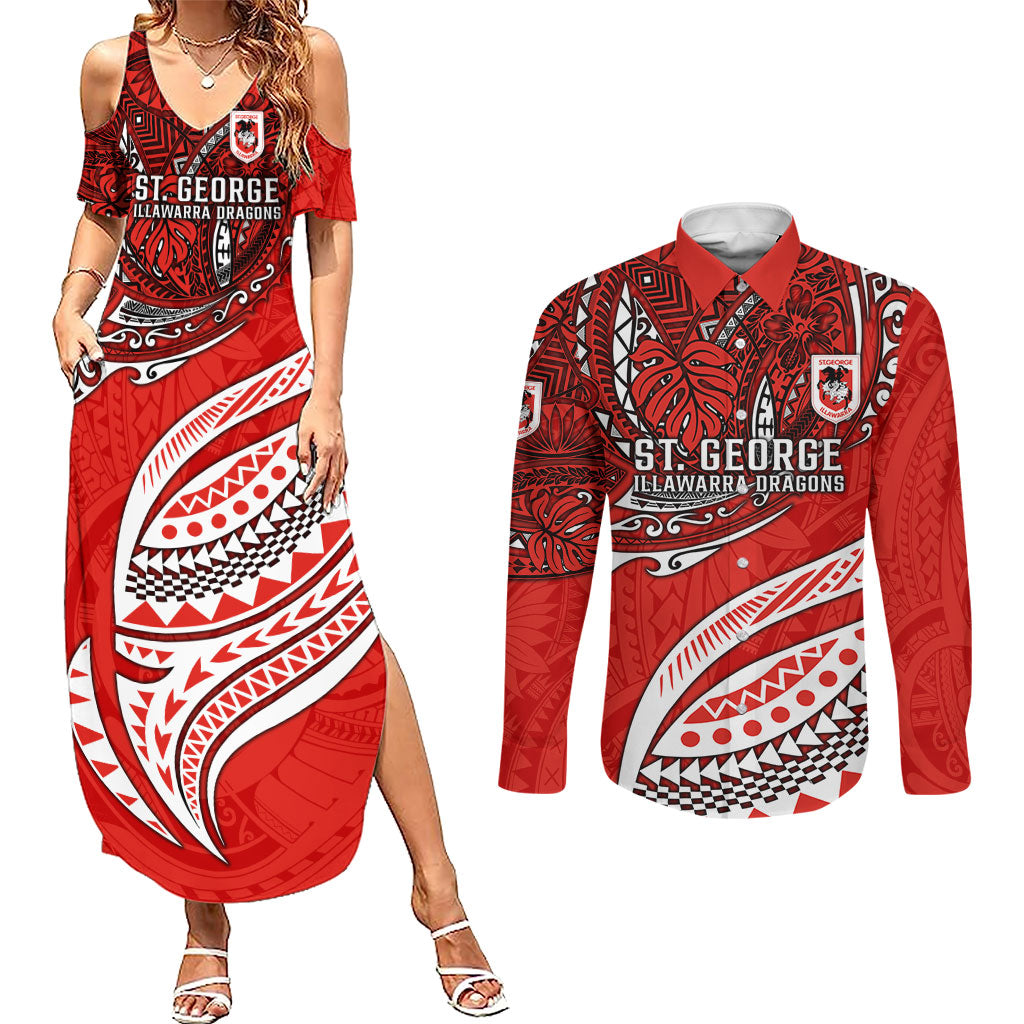 Personalised St George Illawarra Dragons Couples Matching Summer Maxi Dress and Long Sleeve Button Shirt Polynesian Tribal Art Style With Fierce Red Dragon Mascot