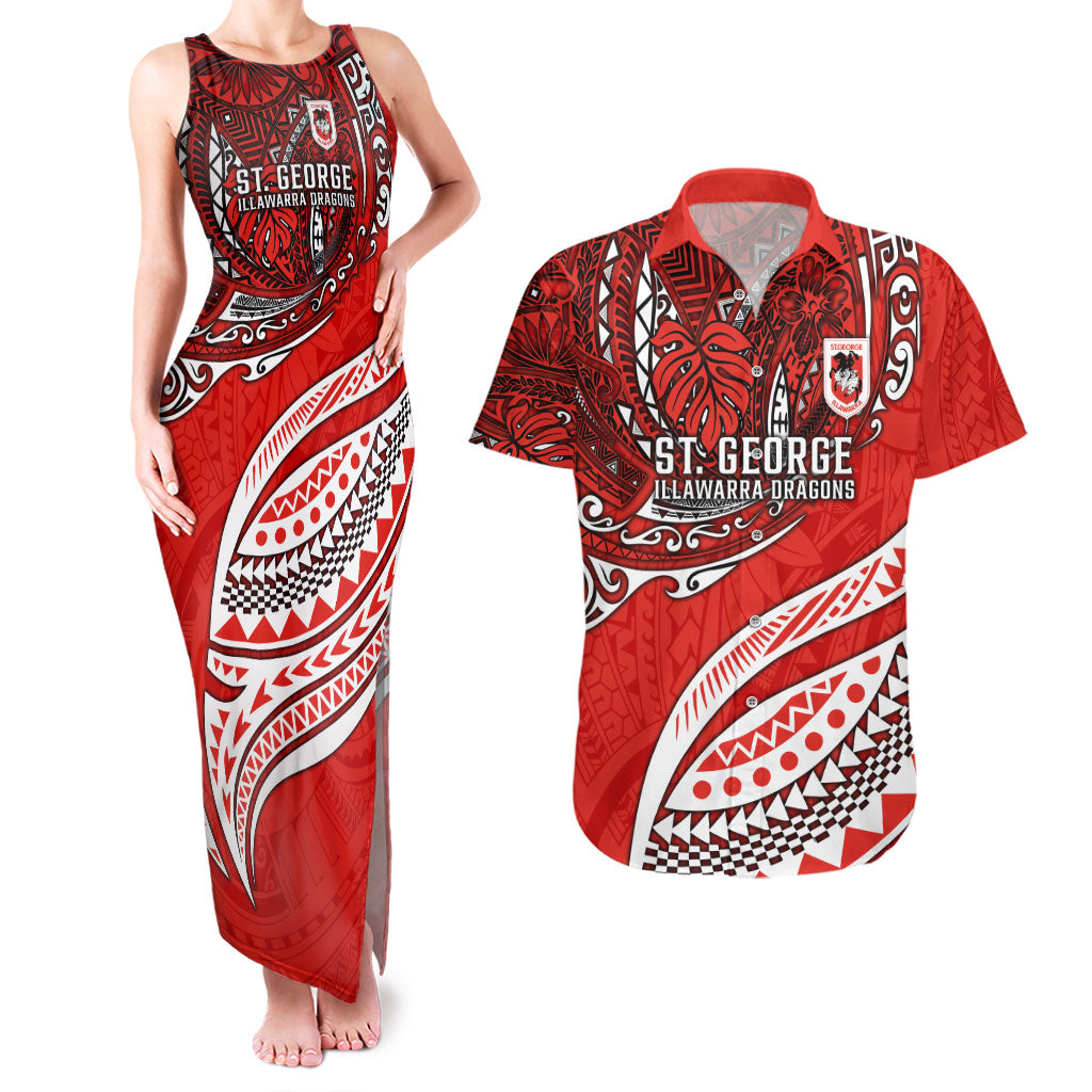 Personalised St George Illawarra Dragons Couples Matching Tank Maxi Dress and Hawaiian Shirt Polynesian Tribal Art Style With Fierce Red Dragon Mascot