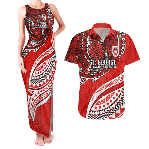 Personalised St George Illawarra Dragons Couples Matching Tank Maxi Dress and Hawaiian Shirt Polynesian Tribal Art Style With Fierce Red Dragon Mascot