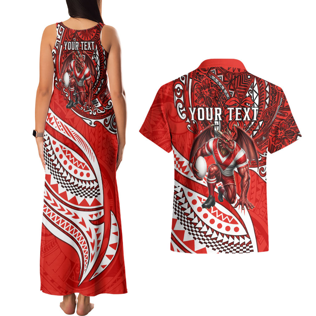 Personalised St George Illawarra Dragons Couples Matching Tank Maxi Dress and Hawaiian Shirt Polynesian Tribal Art Style With Fierce Red Dragon Mascot
