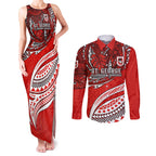 Personalised St George Illawarra Dragons Couples Matching Tank Maxi Dress and Long Sleeve Button Shirt Polynesian Tribal Art Style With Fierce Red Dragon Mascot