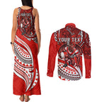 Personalised St George Illawarra Dragons Couples Matching Tank Maxi Dress and Long Sleeve Button Shirt Polynesian Tribal Art Style With Fierce Red Dragon Mascot