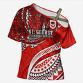 Personalised St George Illawarra Dragons Cross Shoulder Shirt Polynesian Tribal Art Style With Fierce Red Dragon Mascot