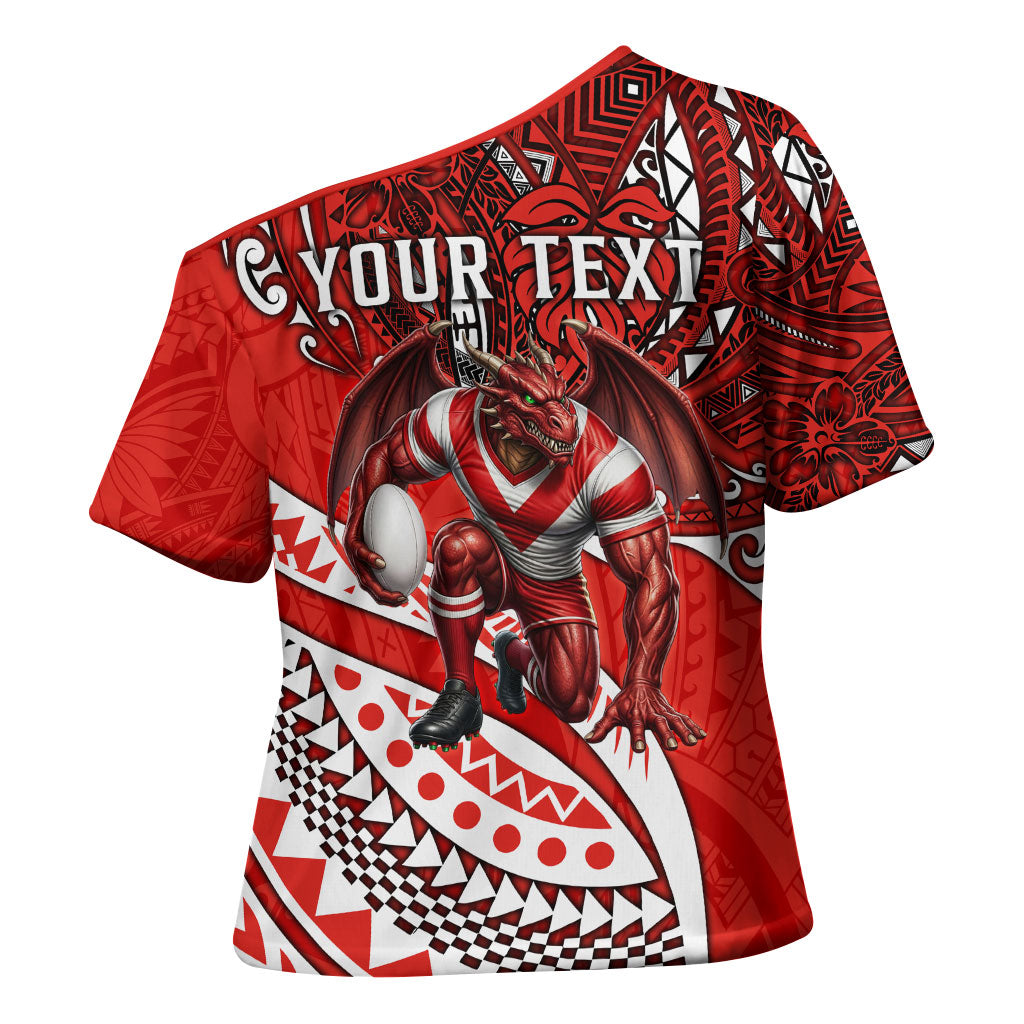 Personalised St George Illawarra Dragons Cross Shoulder Shirt Polynesian Tribal Art Style With Fierce Red Dragon Mascot