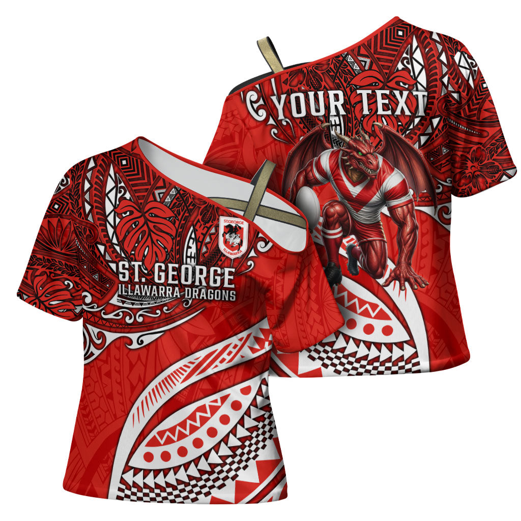 Personalised St George Illawarra Dragons Cross Shoulder Shirt Polynesian Tribal Art Style With Fierce Red Dragon Mascot