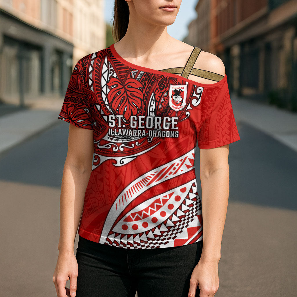 Personalised St George Illawarra Dragons Cross Shoulder Shirt Polynesian Tribal Art Style With Fierce Red Dragon Mascot