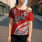 Personalised St George Illawarra Dragons Cross Shoulder Shirt Polynesian Tribal Art Style With Fierce Red Dragon Mascot