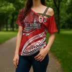 Personalised St George Illawarra Dragons Cross Shoulder Shirt Polynesian Tribal Art Style With Fierce Red Dragon Mascot