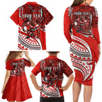 Personalised St George Illawarra Dragons Family Matching Long Sleeve Bodycon Dress and Hawaiian Shirt Polynesian Tribal Art Style With Fierce Red Dragon Mascot