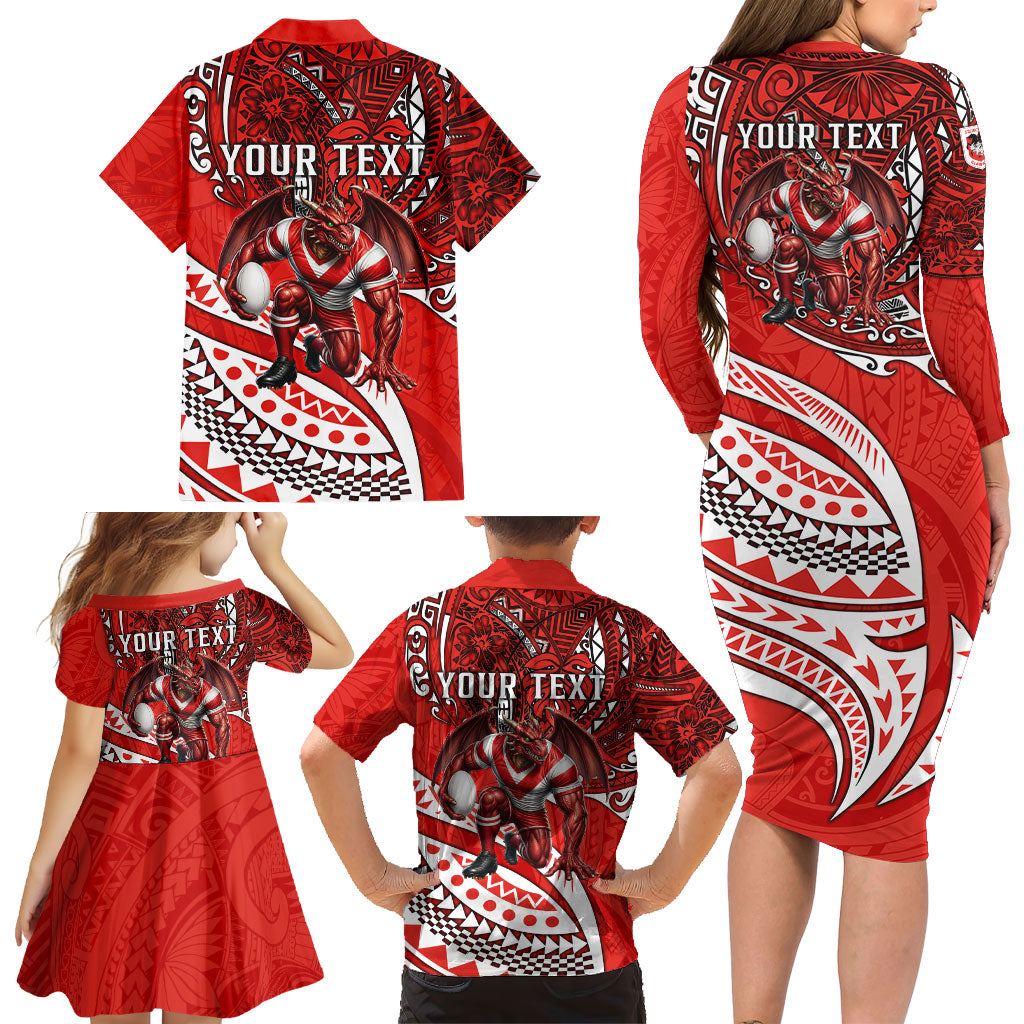 Personalised St George Illawarra Dragons Family Matching Long Sleeve Bodycon Dress and Hawaiian Shirt Polynesian Tribal Art Style With Fierce Red Dragon Mascot