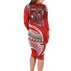 Personalised St George Illawarra Dragons Family Matching Long Sleeve Bodycon Dress and Hawaiian Shirt Polynesian Tribal Art Style With Fierce Red Dragon Mascot
