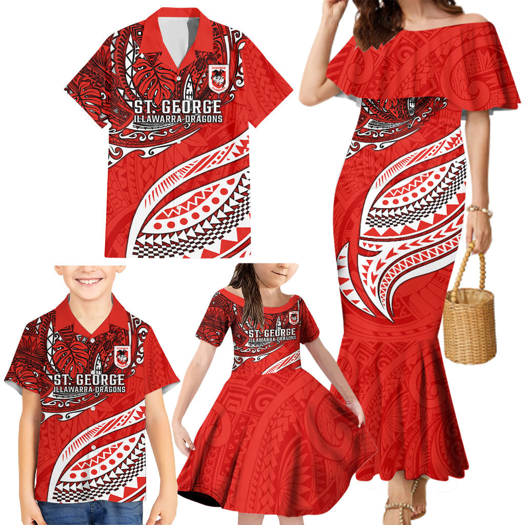Personalised St George Illawarra Dragons Family Matching Mermaid Dress and Hawaiian Shirt Polynesian Tribal Art Style With Fierce Red Dragon Mascot