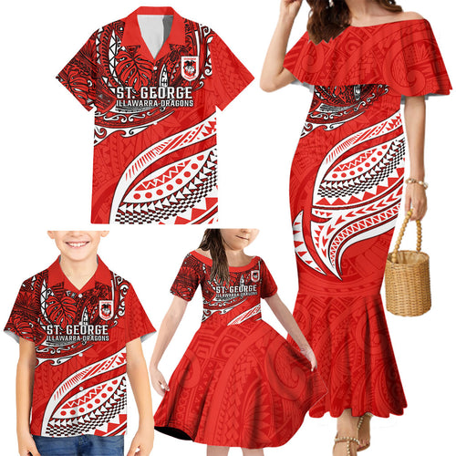 Personalised St George Illawarra Dragons Family Matching Mermaid Dress and Hawaiian Shirt Polynesian Tribal Art Style With Fierce Red Dragon Mascot