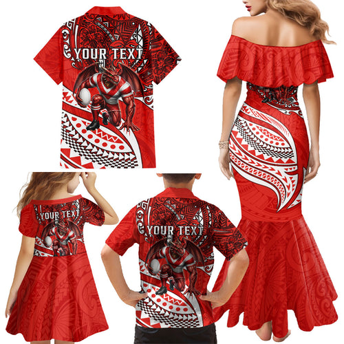Personalised St George Illawarra Dragons Family Matching Mermaid Dress and Hawaiian Shirt Polynesian Tribal Art Style With Fierce Red Dragon Mascot