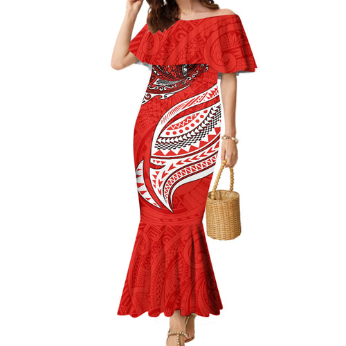 Personalised St George Illawarra Dragons Family Matching Mermaid Dress and Hawaiian Shirt Polynesian Tribal Art Style With Fierce Red Dragon Mascot