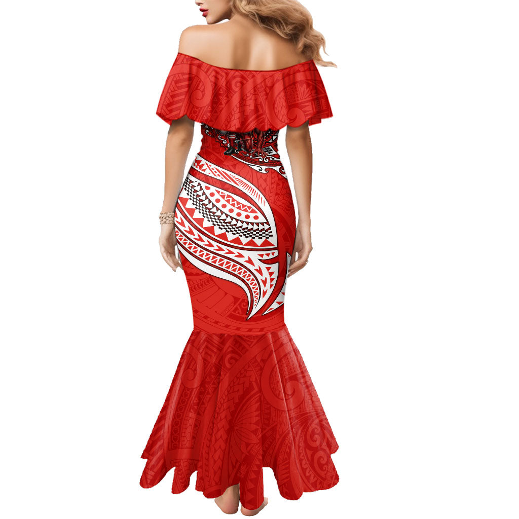 Personalised St George Illawarra Dragons Family Matching Mermaid Dress and Hawaiian Shirt Polynesian Tribal Art Style With Fierce Red Dragon Mascot