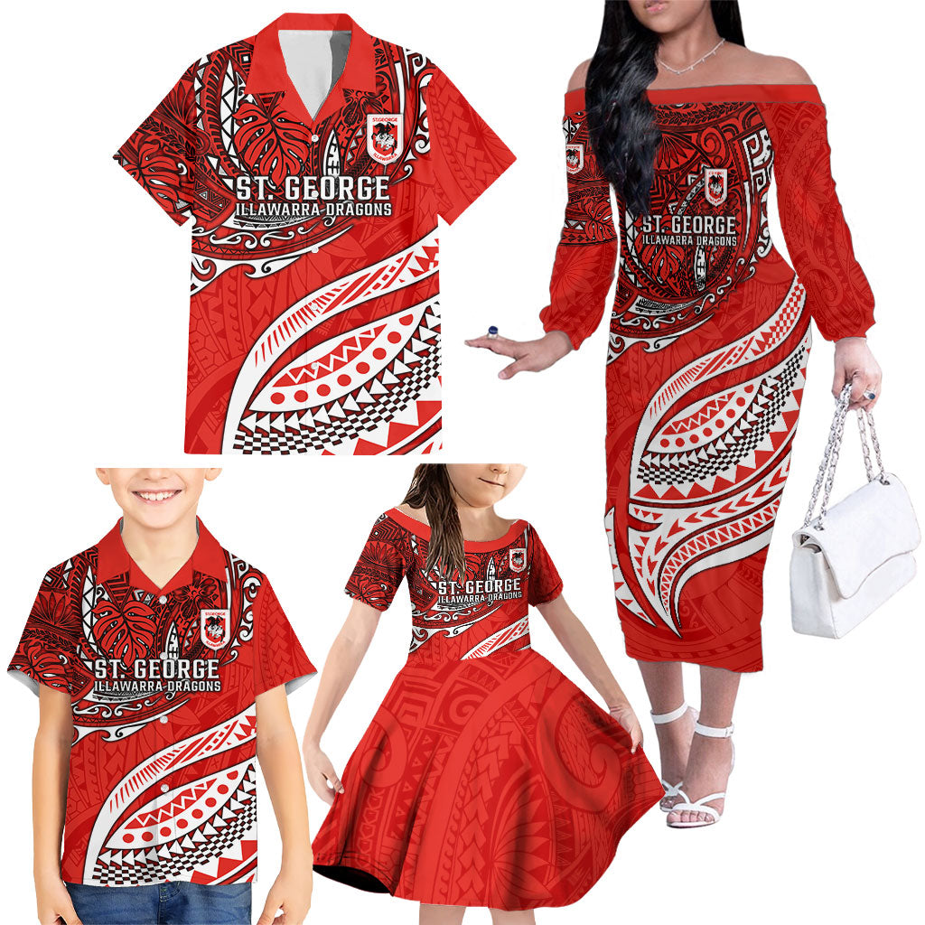 Personalised St George Illawarra Dragons Family Matching Off The Shoulder Long Sleeve Dress and Hawaiian Shirt Polynesian Tribal Art Style With Fierce Red Dragon Mascot