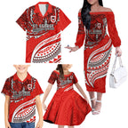 Personalised St George Illawarra Dragons Family Matching Off The Shoulder Long Sleeve Dress and Hawaiian Shirt Polynesian Tribal Art Style With Fierce Red Dragon Mascot