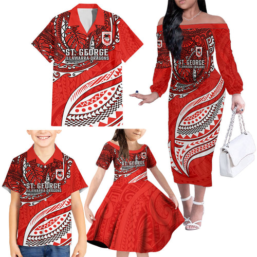 Personalised St George Illawarra Dragons Family Matching Off The Shoulder Long Sleeve Dress and Hawaiian Shirt Polynesian Tribal Art Style With Fierce Red Dragon Mascot