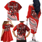 Personalised St George Illawarra Dragons Family Matching Off The Shoulder Long Sleeve Dress and Hawaiian Shirt Polynesian Tribal Art Style With Fierce Red Dragon Mascot