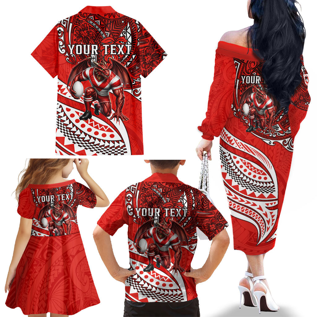 Personalised St George Illawarra Dragons Family Matching Off The Shoulder Long Sleeve Dress and Hawaiian Shirt Polynesian Tribal Art Style With Fierce Red Dragon Mascot