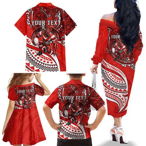 Personalised St George Illawarra Dragons Family Matching Off The Shoulder Long Sleeve Dress and Hawaiian Shirt Polynesian Tribal Art Style With Fierce Red Dragon Mascot