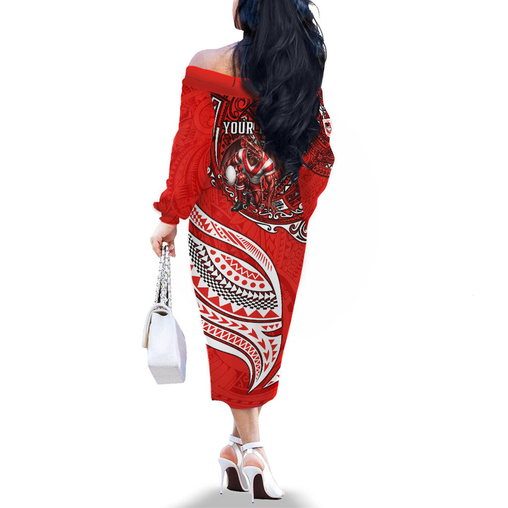 Personalised St George Illawarra Dragons Family Matching Off The Shoulder Long Sleeve Dress and Hawaiian Shirt Polynesian Tribal Art Style With Fierce Red Dragon Mascot