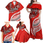 Personalised St George Illawarra Dragons Family Matching Off Shoulder Maxi Dress and Hawaiian Shirt Polynesian Tribal Art Style With Fierce Red Dragon Mascot