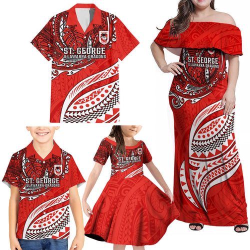 Personalised St George Illawarra Dragons Family Matching Off Shoulder Maxi Dress and Hawaiian Shirt Polynesian Tribal Art Style With Fierce Red Dragon Mascot