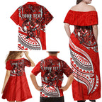 Personalised St George Illawarra Dragons Family Matching Off Shoulder Maxi Dress and Hawaiian Shirt Polynesian Tribal Art Style With Fierce Red Dragon Mascot