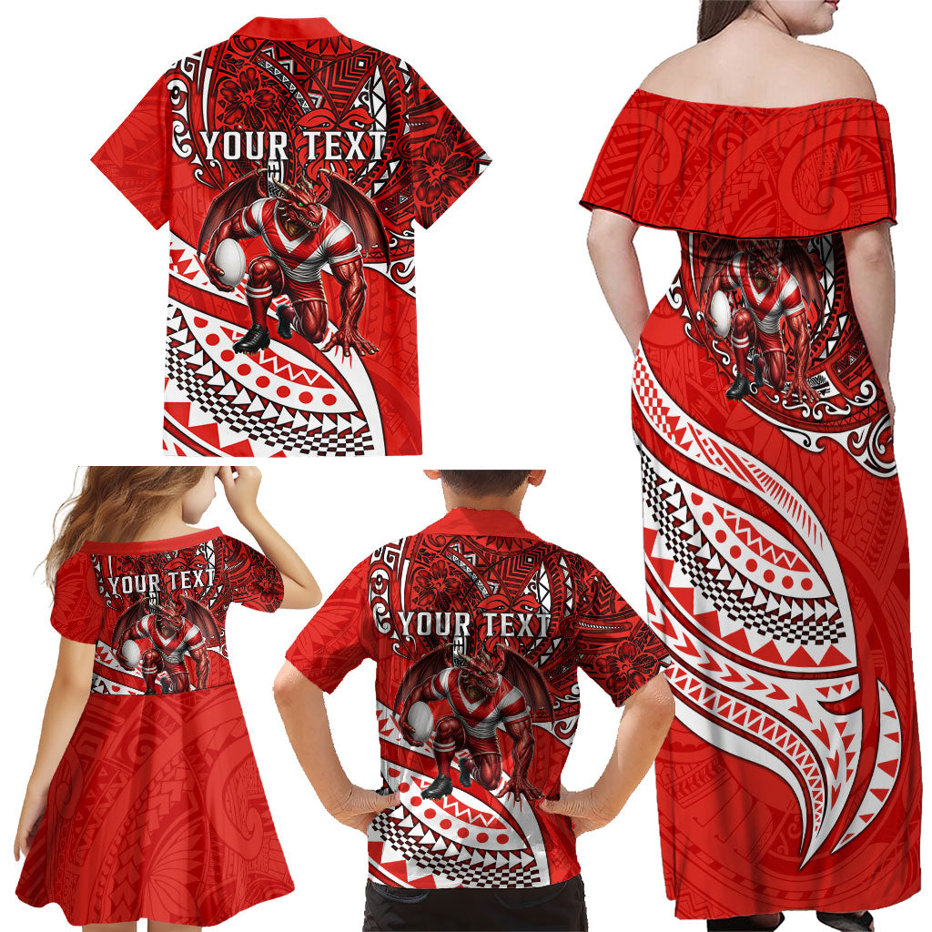 Personalised St George Illawarra Dragons Family Matching Off Shoulder Maxi Dress and Hawaiian Shirt Polynesian Tribal Art Style With Fierce Red Dragon Mascot