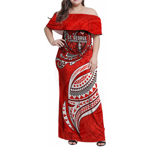 Personalised St George Illawarra Dragons Family Matching Off Shoulder Maxi Dress and Hawaiian Shirt Polynesian Tribal Art Style With Fierce Red Dragon Mascot