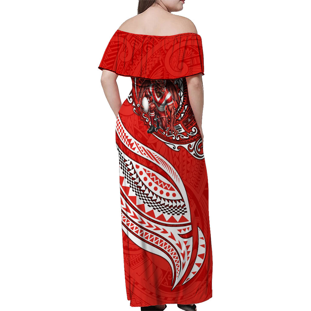 Personalised St George Illawarra Dragons Family Matching Off Shoulder Maxi Dress and Hawaiian Shirt Polynesian Tribal Art Style With Fierce Red Dragon Mascot