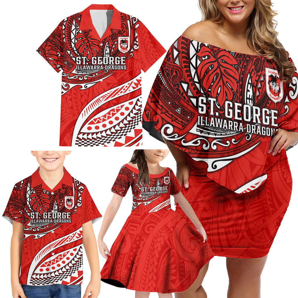 Personalised St George Illawarra Dragons Family Matching Off Shoulder Short Dress and Hawaiian Shirt Polynesian Tribal Art Style With Fierce Red Dragon Mascot