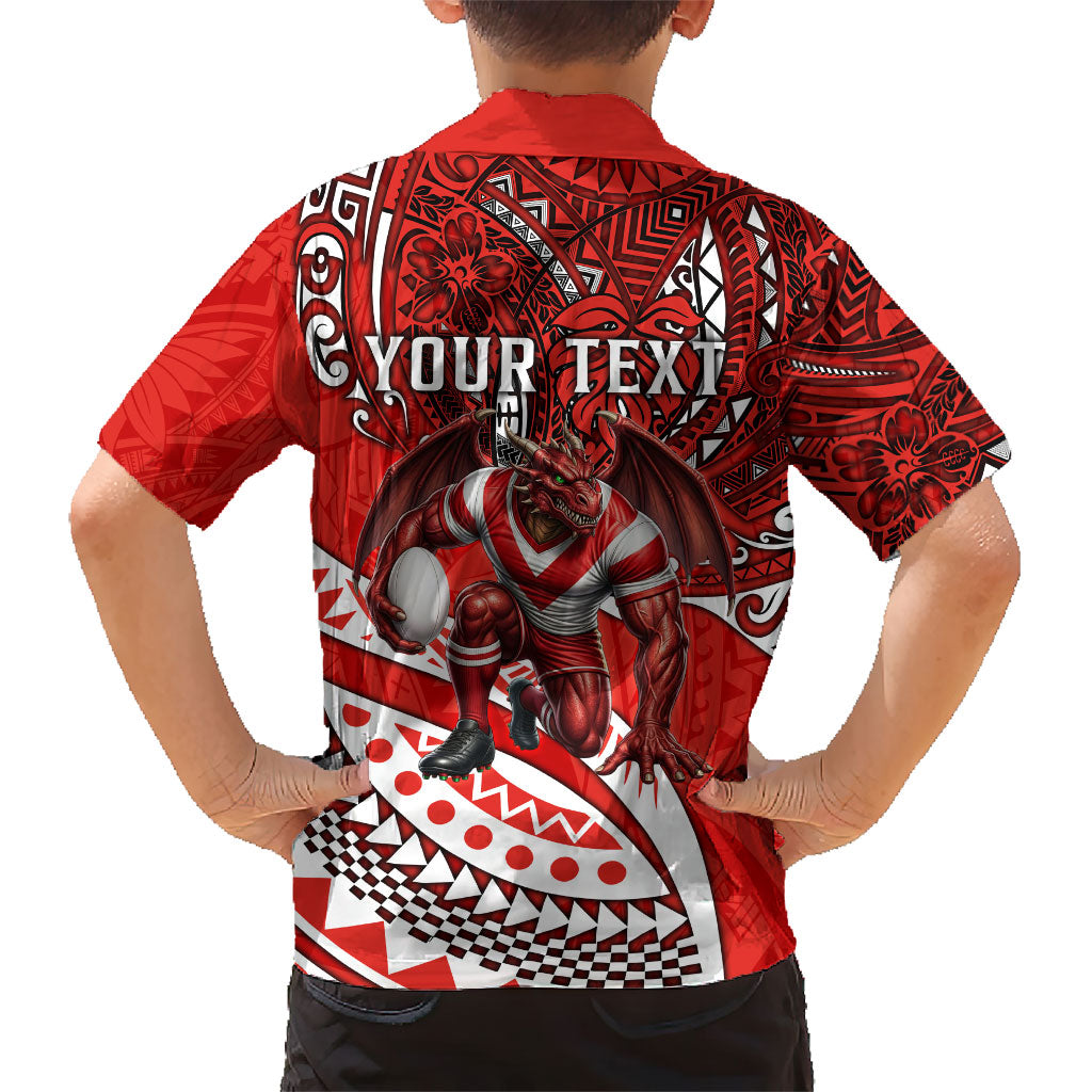 Personalised St George Illawarra Dragons Family Matching Off Shoulder Short Dress and Hawaiian Shirt Polynesian Tribal Art Style With Fierce Red Dragon Mascot
