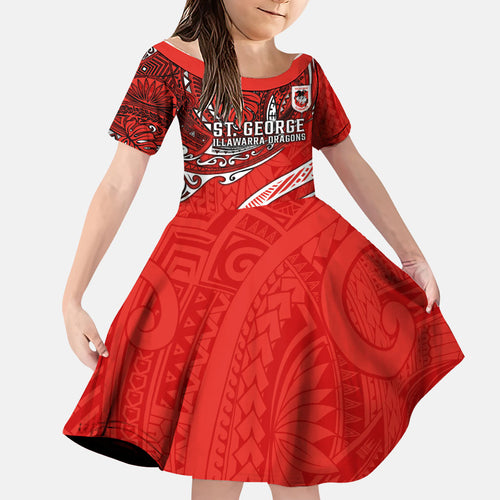 Personalised St George Illawarra Dragons Family Matching Off Shoulder Short Dress and Hawaiian Shirt Polynesian Tribal Art Style With Fierce Red Dragon Mascot