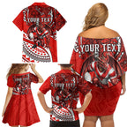 Personalised St George Illawarra Dragons Family Matching Off Shoulder Short Dress and Hawaiian Shirt Polynesian Tribal Art Style With Fierce Red Dragon Mascot