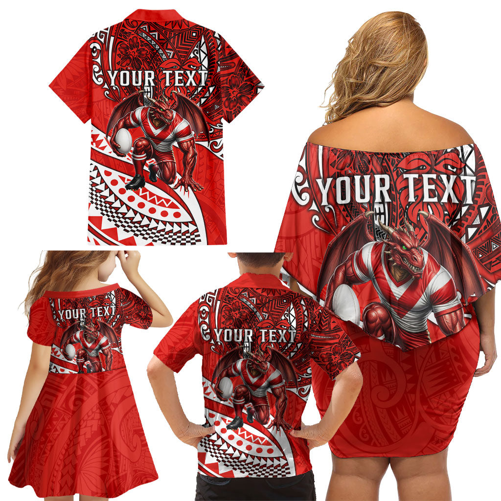 Personalised St George Illawarra Dragons Family Matching Off Shoulder Short Dress and Hawaiian Shirt Polynesian Tribal Art Style With Fierce Red Dragon Mascot