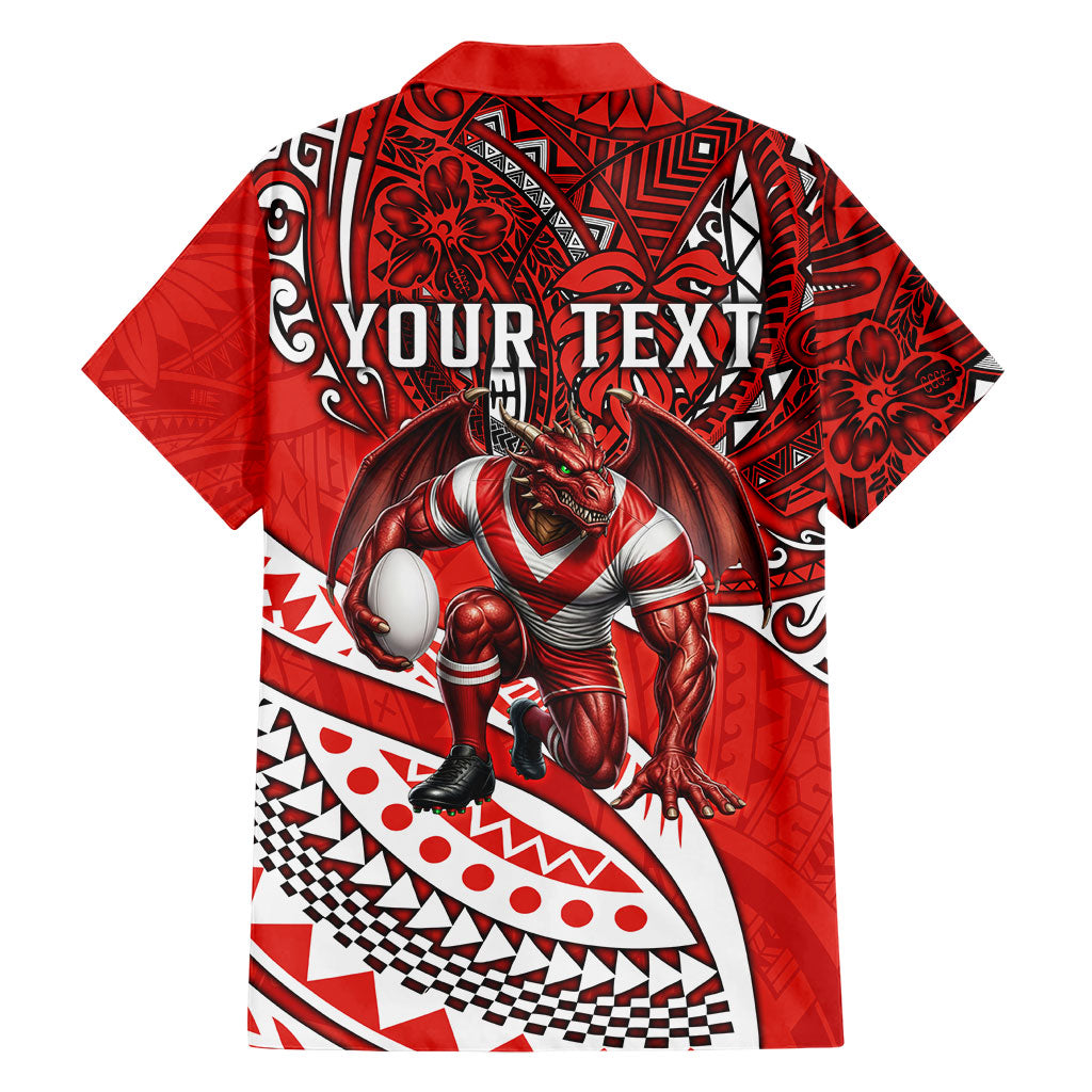 Personalised St George Illawarra Dragons Family Matching Off Shoulder Short Dress and Hawaiian Shirt Polynesian Tribal Art Style With Fierce Red Dragon Mascot