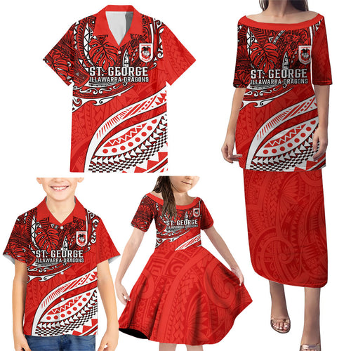 Personalised St George Illawarra Dragons Family Matching Puletasi and Hawaiian Shirt Polynesian Tribal Art Style With Fierce Red Dragon Mascot