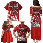 Personalised St George Illawarra Dragons Family Matching Puletasi and Hawaiian Shirt Polynesian Tribal Art Style With Fierce Red Dragon Mascot