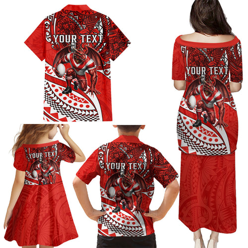 Personalised St George Illawarra Dragons Family Matching Puletasi and Hawaiian Shirt Polynesian Tribal Art Style With Fierce Red Dragon Mascot