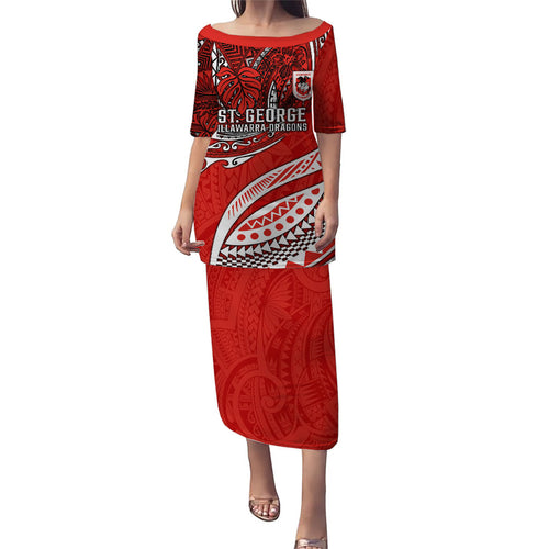 Personalised St George Illawarra Dragons Family Matching Puletasi and Hawaiian Shirt Polynesian Tribal Art Style With Fierce Red Dragon Mascot