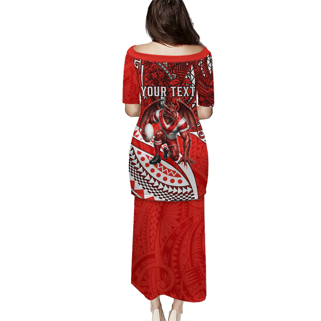 Personalised St George Illawarra Dragons Family Matching Puletasi and Hawaiian Shirt Polynesian Tribal Art Style With Fierce Red Dragon Mascot